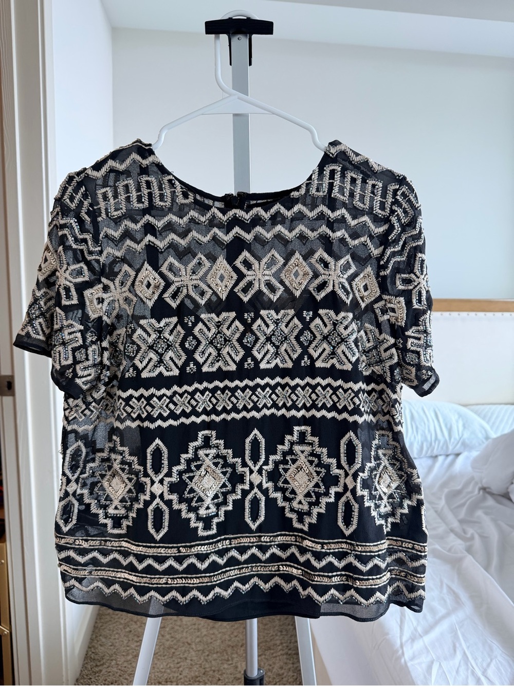 Needle & Thread Black and Cream Embroidered Short Sleeve Top